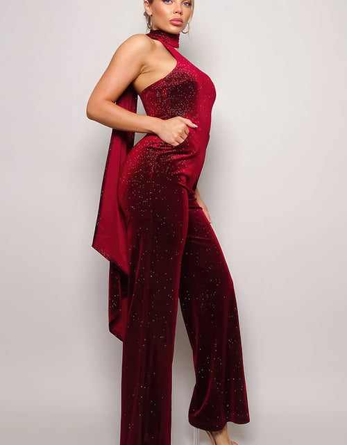 Load image into Gallery viewer, Scarf Top Glitter Velvet Jumpsuit
