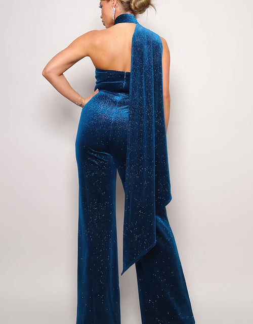 Load image into Gallery viewer, Scarf Top Glitter Velvet Jumpsuit
