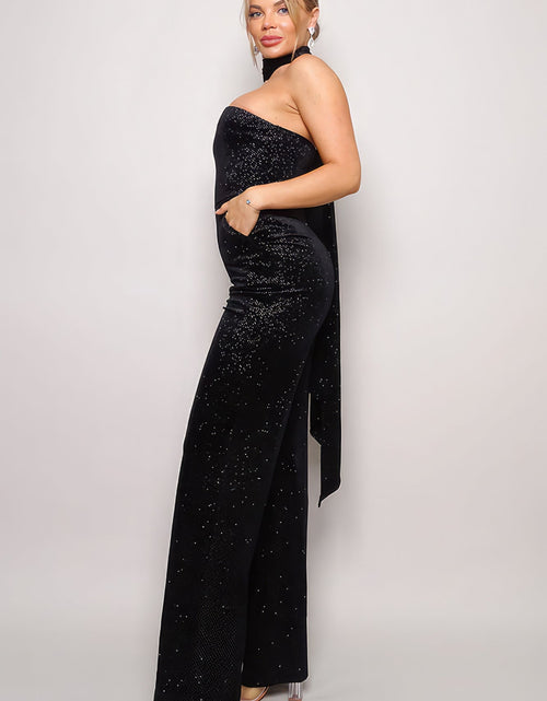 Load image into Gallery viewer, Scarf Top Glitter Velvet Jumpsuit
