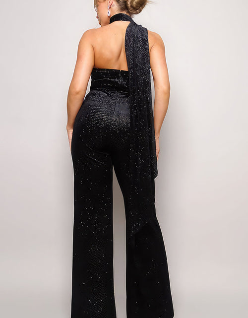 Load image into Gallery viewer, Scarf Top Glitter Velvet Jumpsuit
