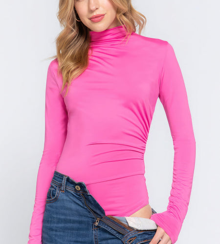 Long Sleeve High Neck Shirring Detail Ity Knit Bodysuit