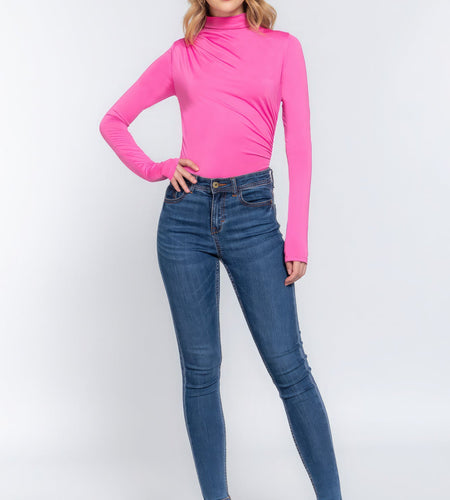 Long Sleeve High Neck Shirring Detail Ity Knit Bodysuit