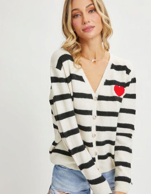 Load image into Gallery viewer, Striped Cardigan With Heart Patch
