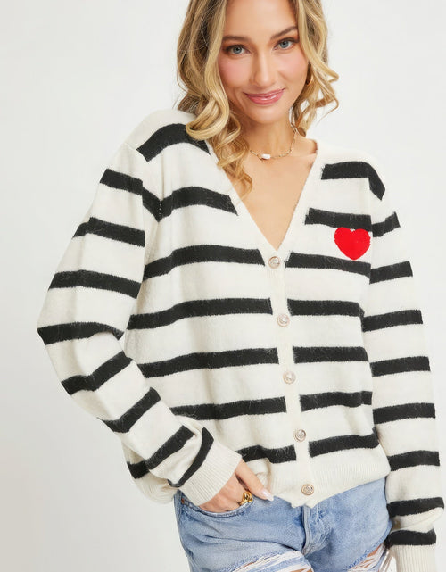 Load image into Gallery viewer, Striped Cardigan With Heart Patch
