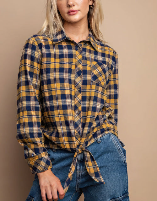 Load image into Gallery viewer, Tie Front Button Down Plaid Shirt With Front Pocket
