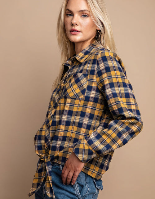 Load image into Gallery viewer, Tie Front Button Down Plaid Shirt With Front Pocket
