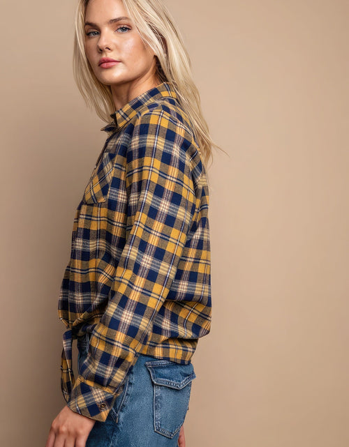 Load image into Gallery viewer, Tie Front Button Down Plaid Shirt With Front Pocket
