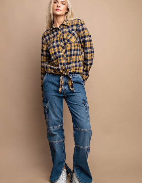 Load image into Gallery viewer, Tie Front Button Down Plaid Shirt With Front Pocket

