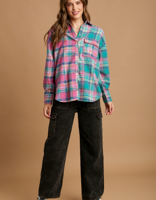Load image into Gallery viewer, Mixed Plaid Boxy Cut Button Down Flannel With Front Pocket
