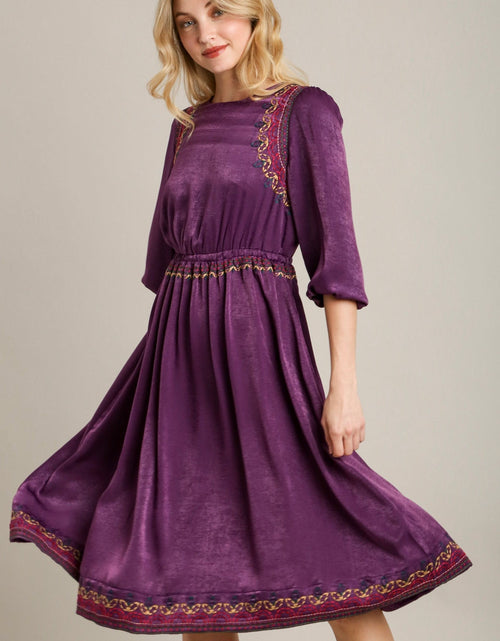 Load image into Gallery viewer, Satin Round Neck Embroidery Midi Dress by Balec Group

