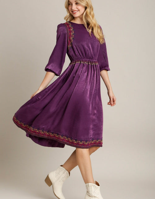 Load image into Gallery viewer, Satin Round Neck Embroidery Midi Dress by Balec Group
