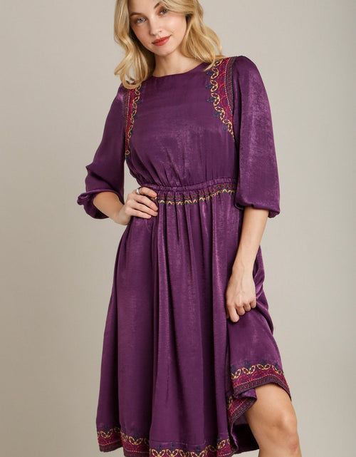 Load image into Gallery viewer, Satin Round Neck Embroidery Midi Dress by Balec Group
