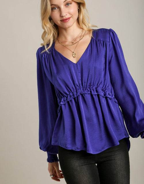 Load image into Gallery viewer, Satin V-neck Ruffle Baby Doll Top With Cuffed Long Sleeve
