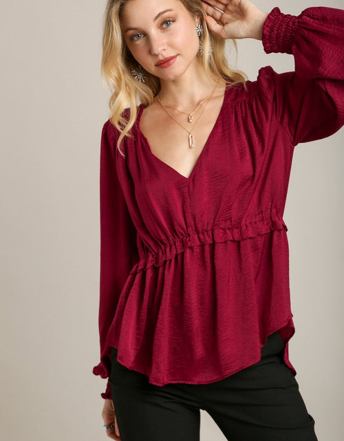 Load image into Gallery viewer, Satin V-neck Ruffle Baby Doll Top With Cuffed Long Sleeve
