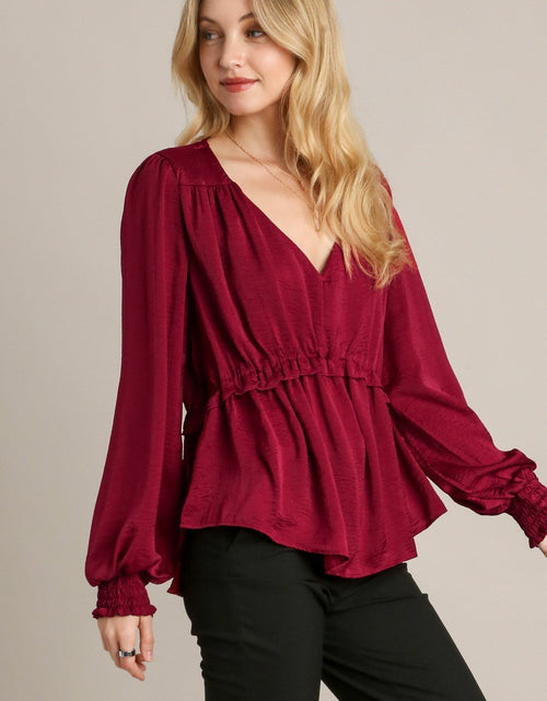 Load image into Gallery viewer, Satin V-neck Ruffle Baby Doll Top With Cuffed Long Sleeve
