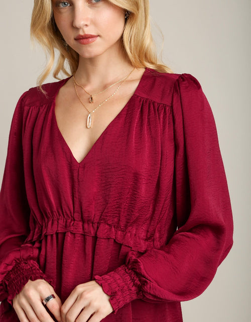Load image into Gallery viewer, Satin V-neck Ruffle Baby Doll Top With Cuffed Long Sleeve
