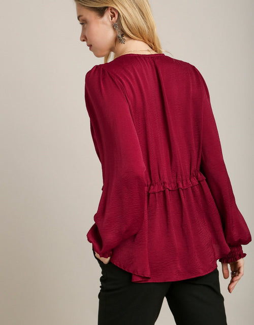 Load image into Gallery viewer, Satin V-neck Ruffle Baby Doll Top With Cuffed Long Sleeve
