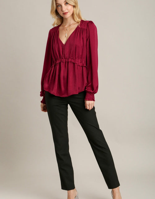 Load image into Gallery viewer, Satin V-neck Ruffle Baby Doll Top With Cuffed Long Sleeve
