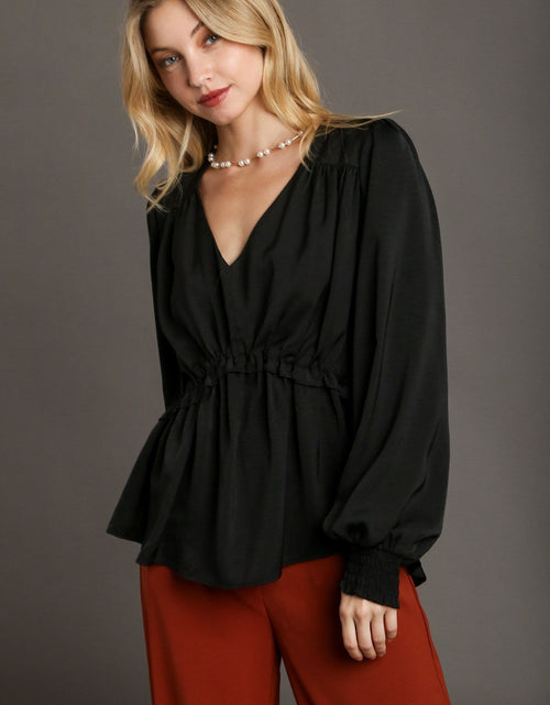 Load image into Gallery viewer, Satin V-neck Ruffle Baby Doll Top With Cuffed Long Sleeve
