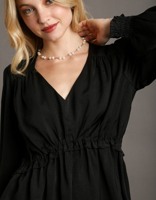 Load image into Gallery viewer, Satin V-neck Ruffle Baby Doll Top With Cuffed Long Sleeve
