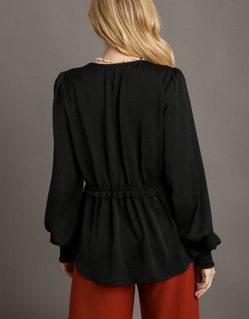 Load image into Gallery viewer, Satin V-neck Ruffle Baby Doll Top With Cuffed Long Sleeve

