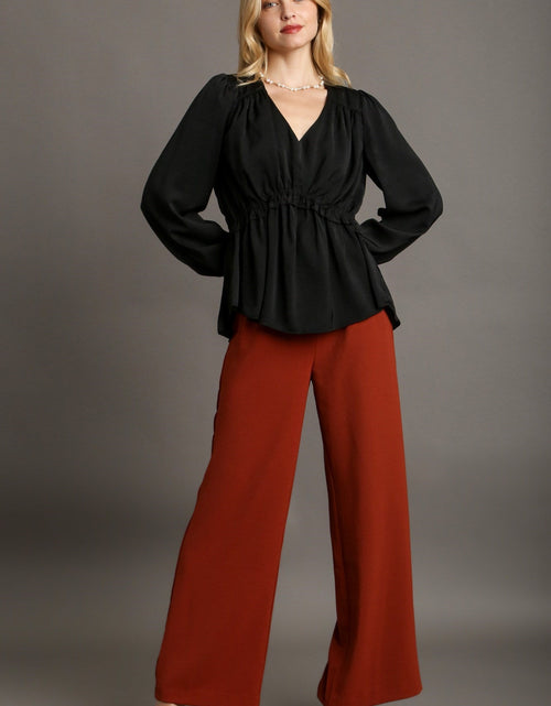Load image into Gallery viewer, Satin V-neck Ruffle Baby Doll Top With Cuffed Long Sleeve

