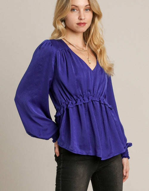 Load image into Gallery viewer, Satin V-neck Ruffle Baby Doll Top With Cuffed Long Sleeve
