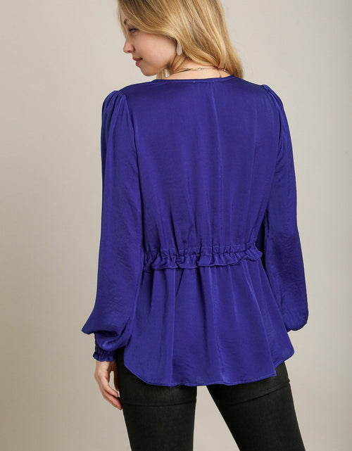 Load image into Gallery viewer, Satin V-neck Ruffle Baby Doll Top With Cuffed Long Sleeve
