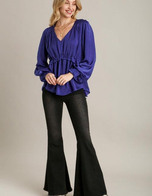 Load image into Gallery viewer, Satin V-neck Ruffle Baby Doll Top With Cuffed Long Sleeve
