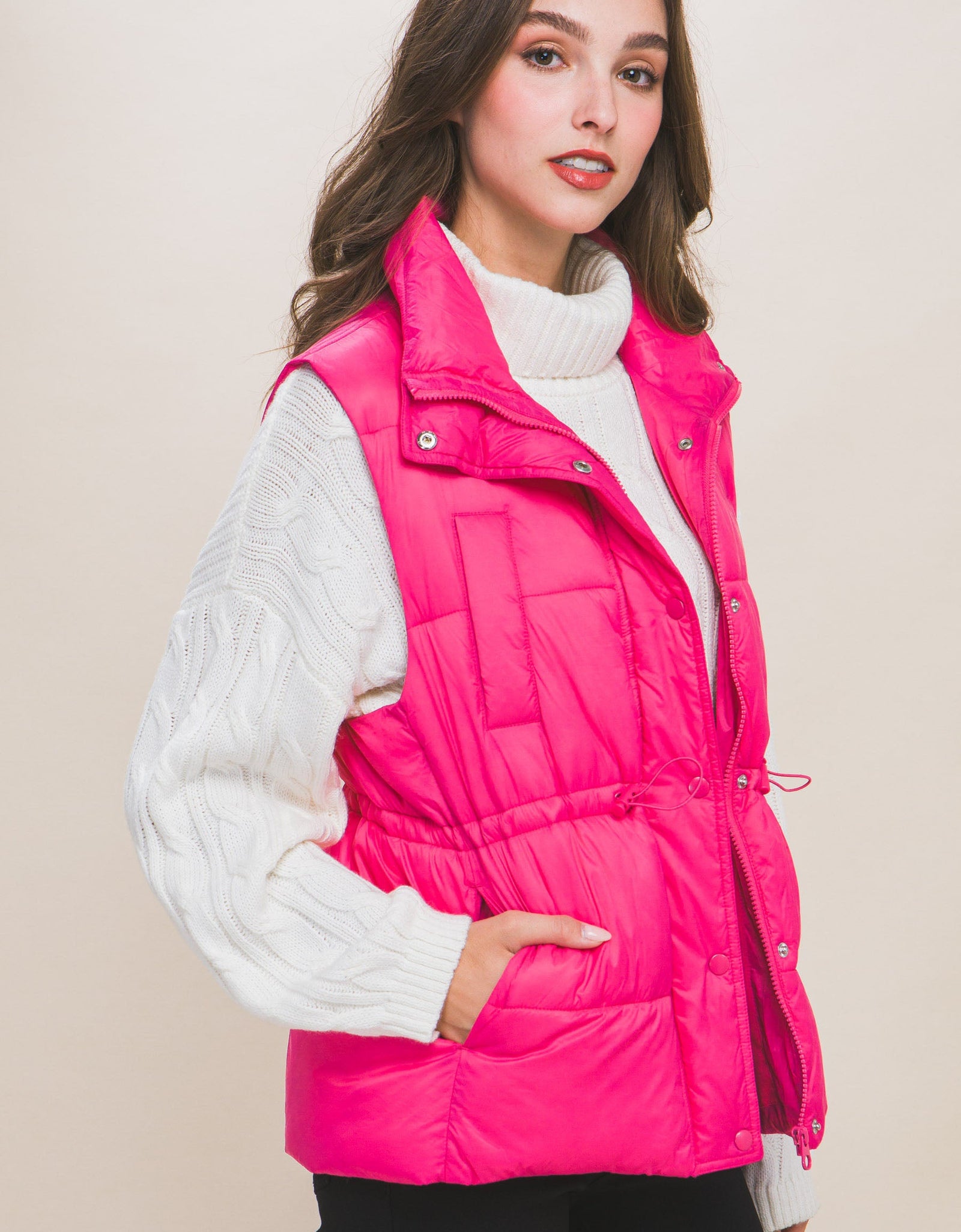 Zip Up Button Puffer Vest With Waist Toggles