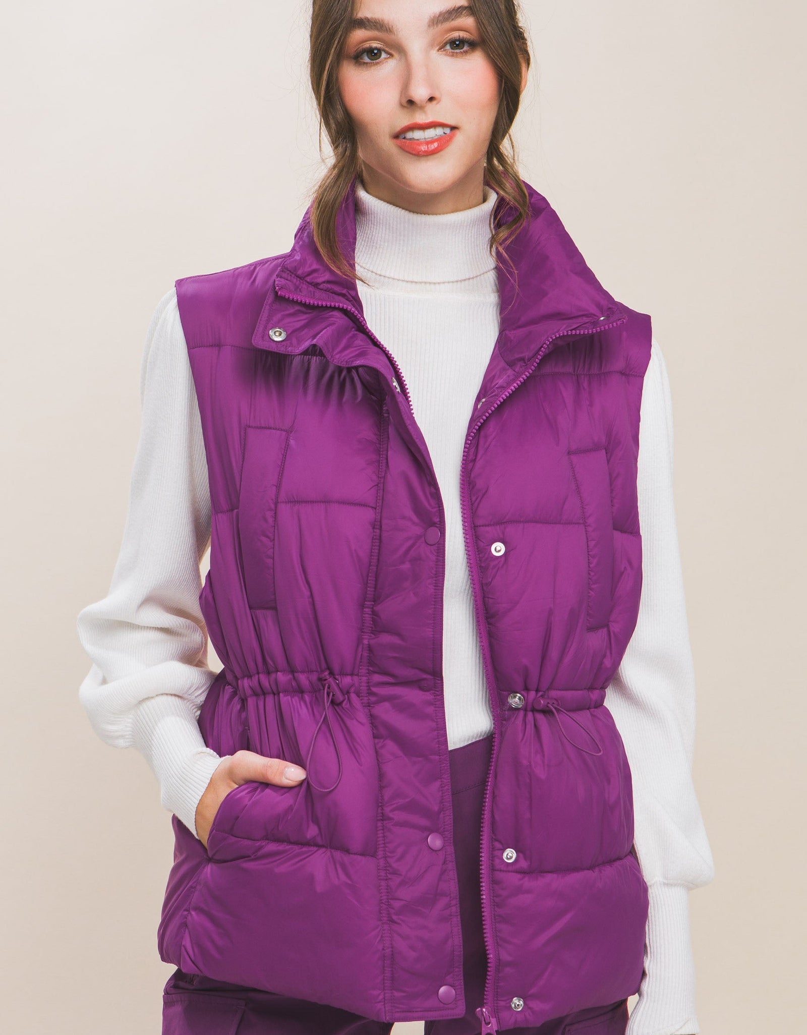 Zip Up Button Puffer Vest With Waist Toggles