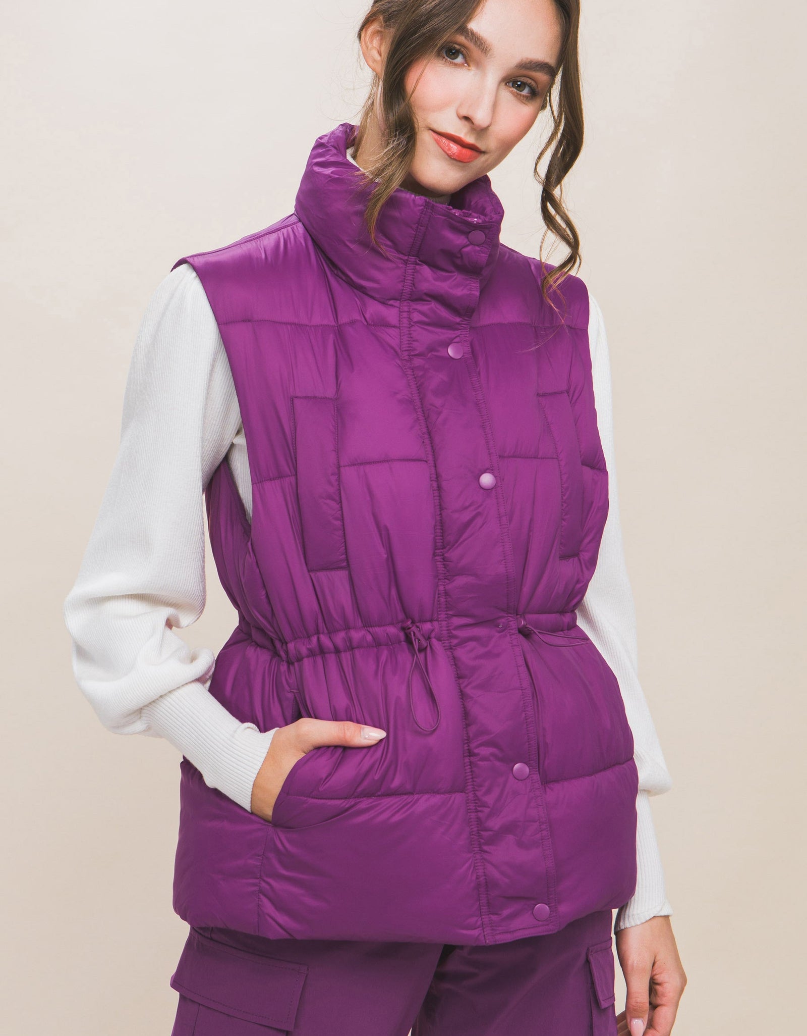 Zip Up Button Puffer Vest With Waist Toggles
