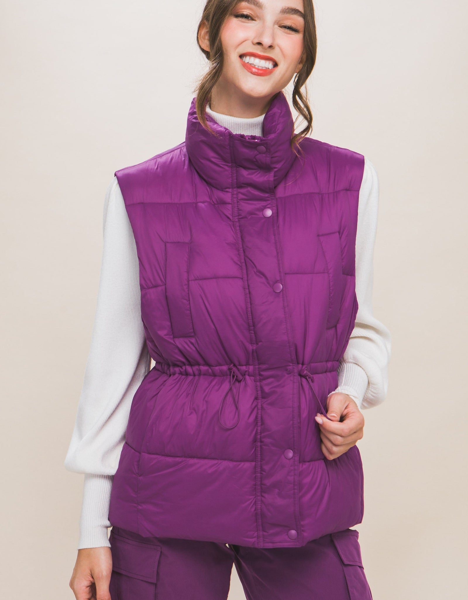 Zip Up Button Puffer Vest With Waist Toggles