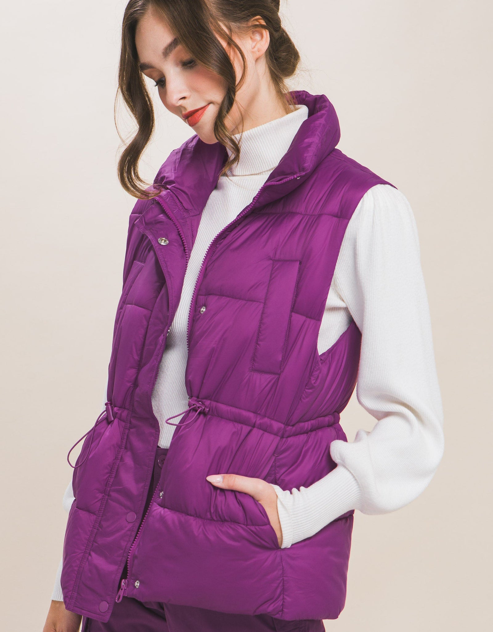 Zip Up Button Puffer Vest With Waist Toggles