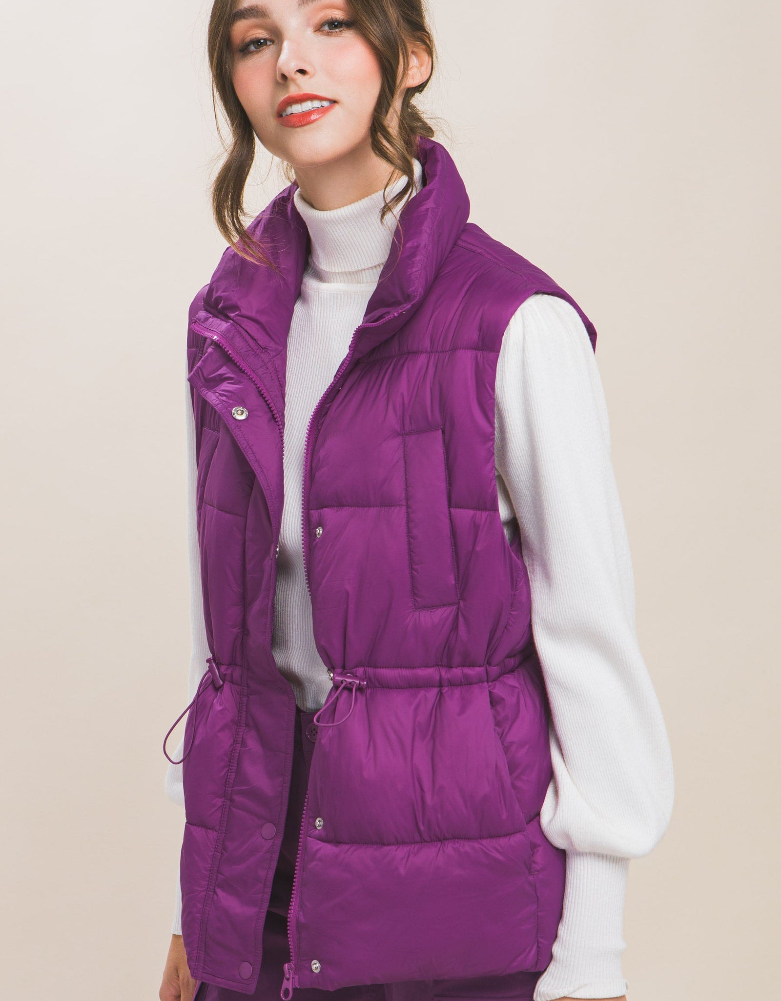 Zip Up Button Puffer Vest With Waist Toggles