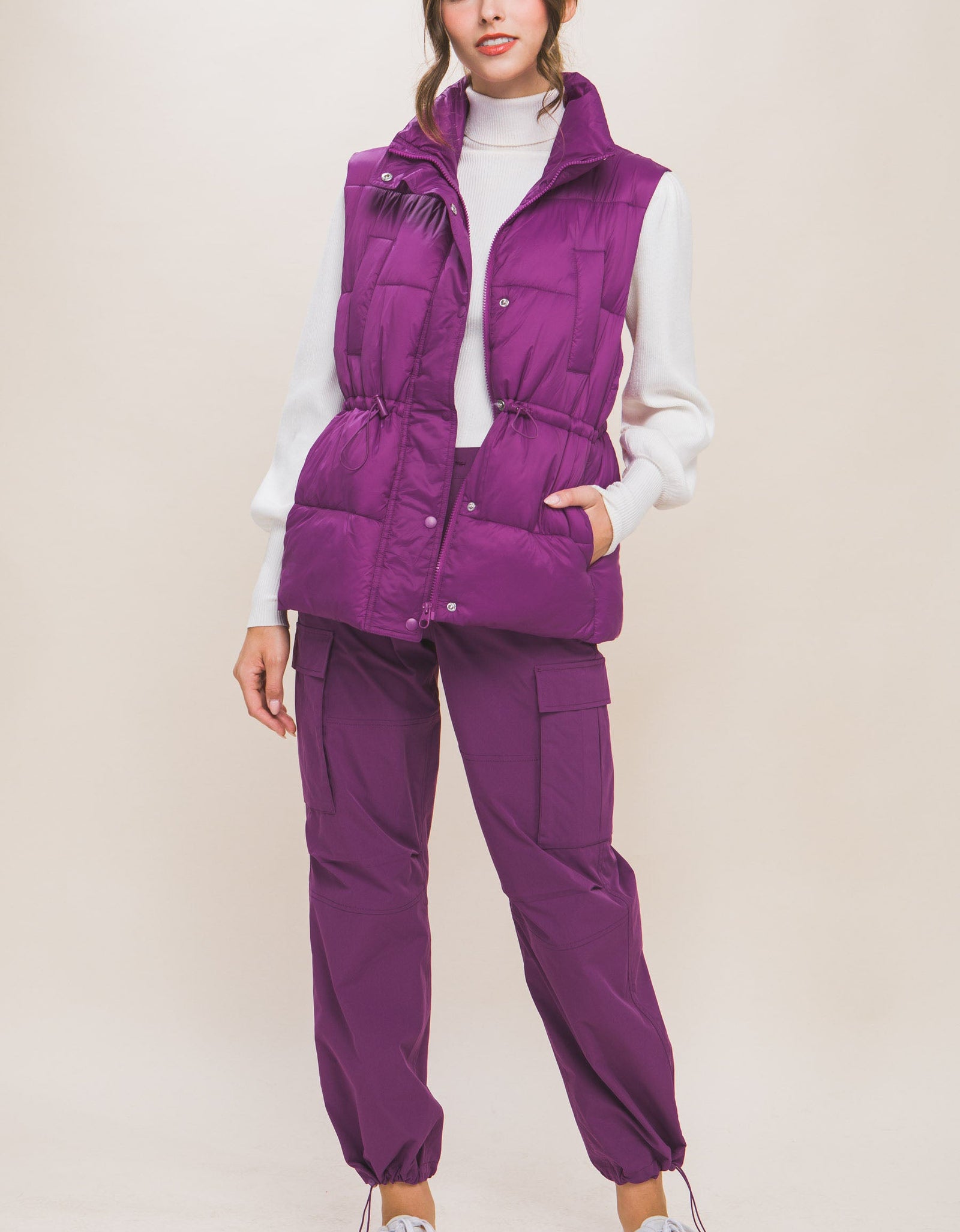 Zip Up Button Puffer Vest With Waist Toggles