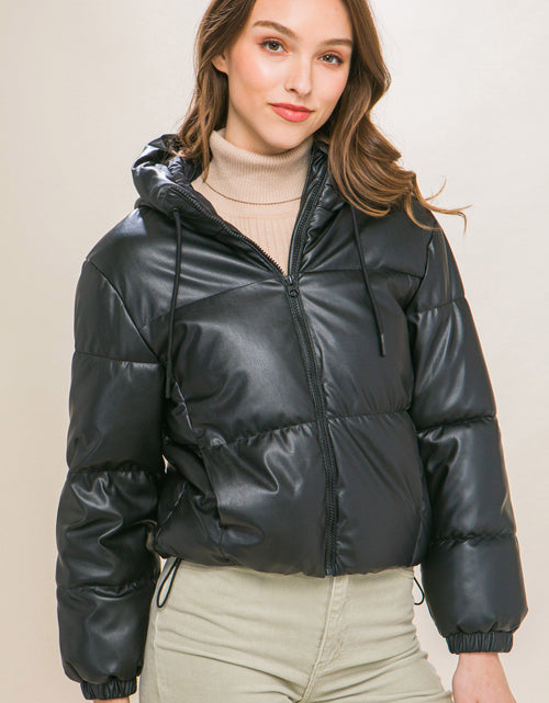 Load image into Gallery viewer, Pu Faux Leather Zipper Hooded Puffer Jacket
