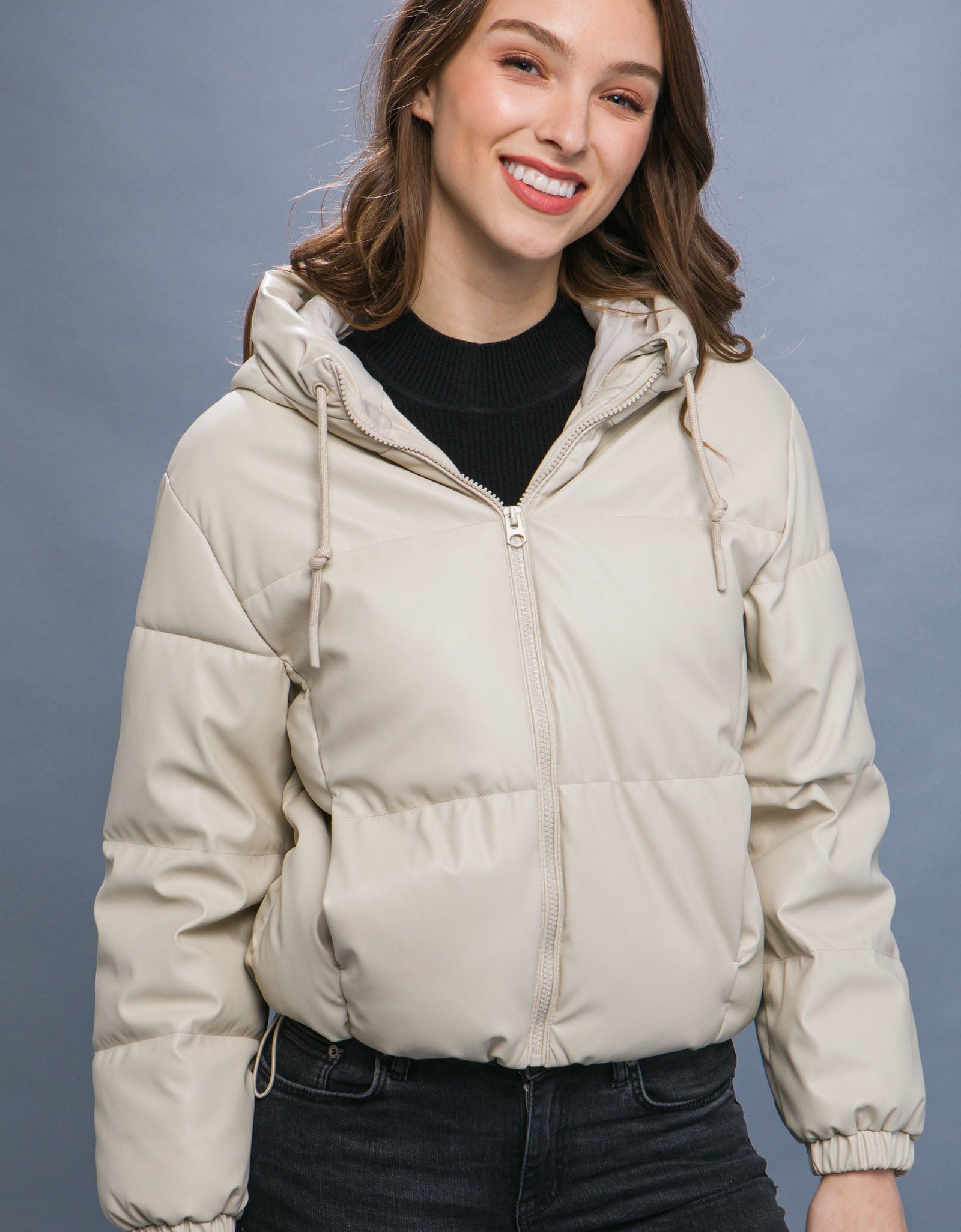 Pu Faux Leather Zipper Hooded Puffer Jacket