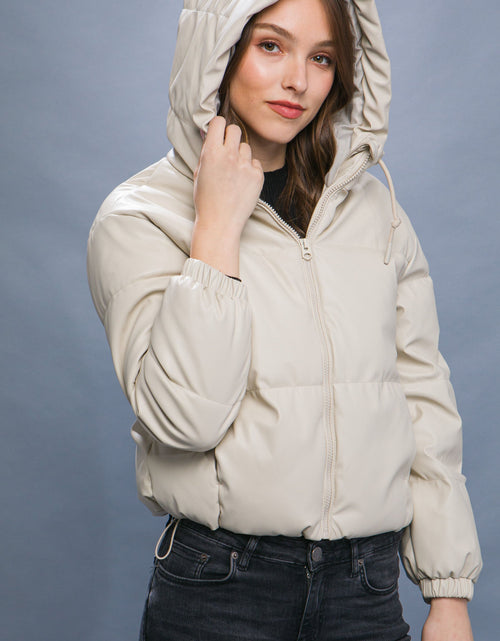 Load image into Gallery viewer, Pu Faux Leather Zipper Hooded Puffer Jacket
