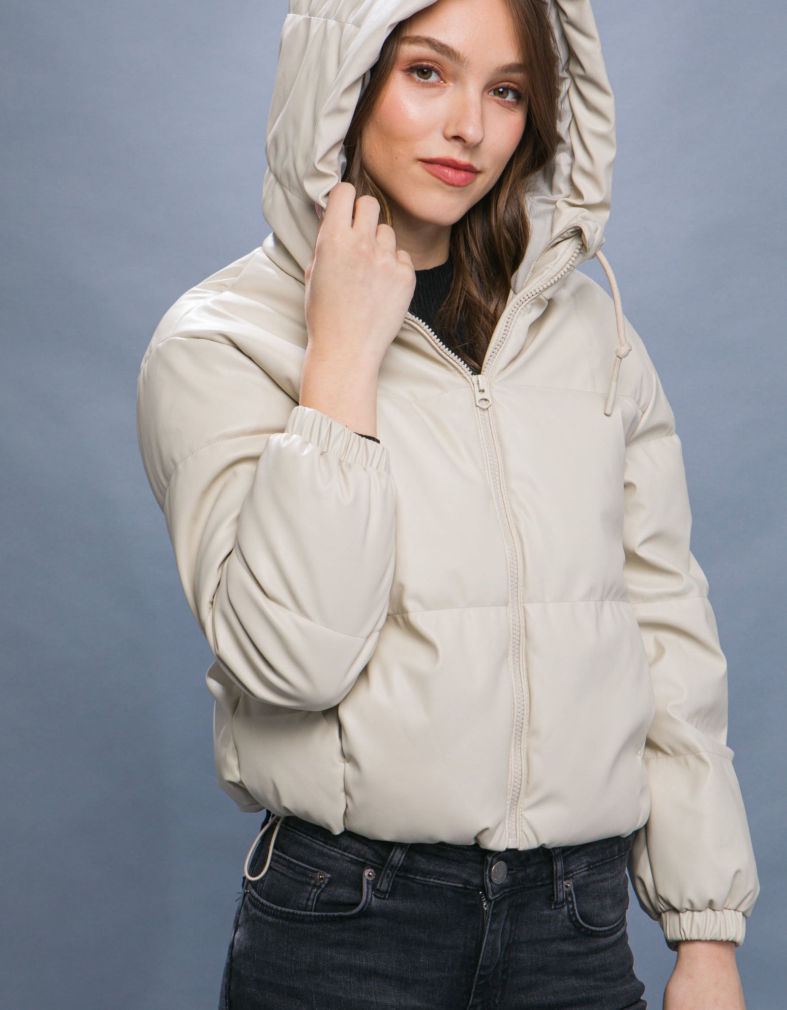 Pu Faux Leather Zipper Hooded Puffer Jacket