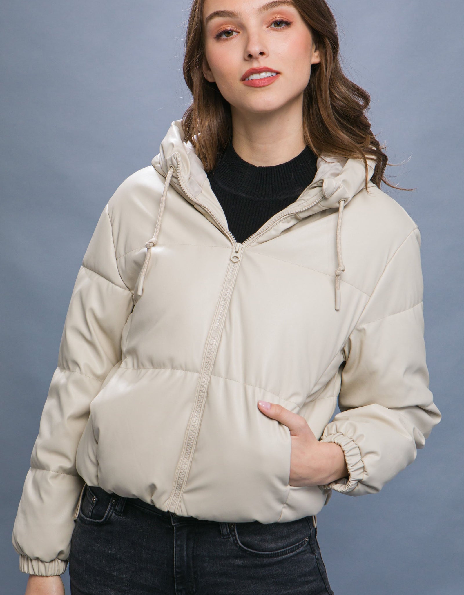 Pu Faux Leather Zipper Hooded Puffer Jacket