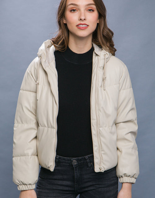 Load image into Gallery viewer, Pu Faux Leather Zipper Hooded Puffer Jacket
