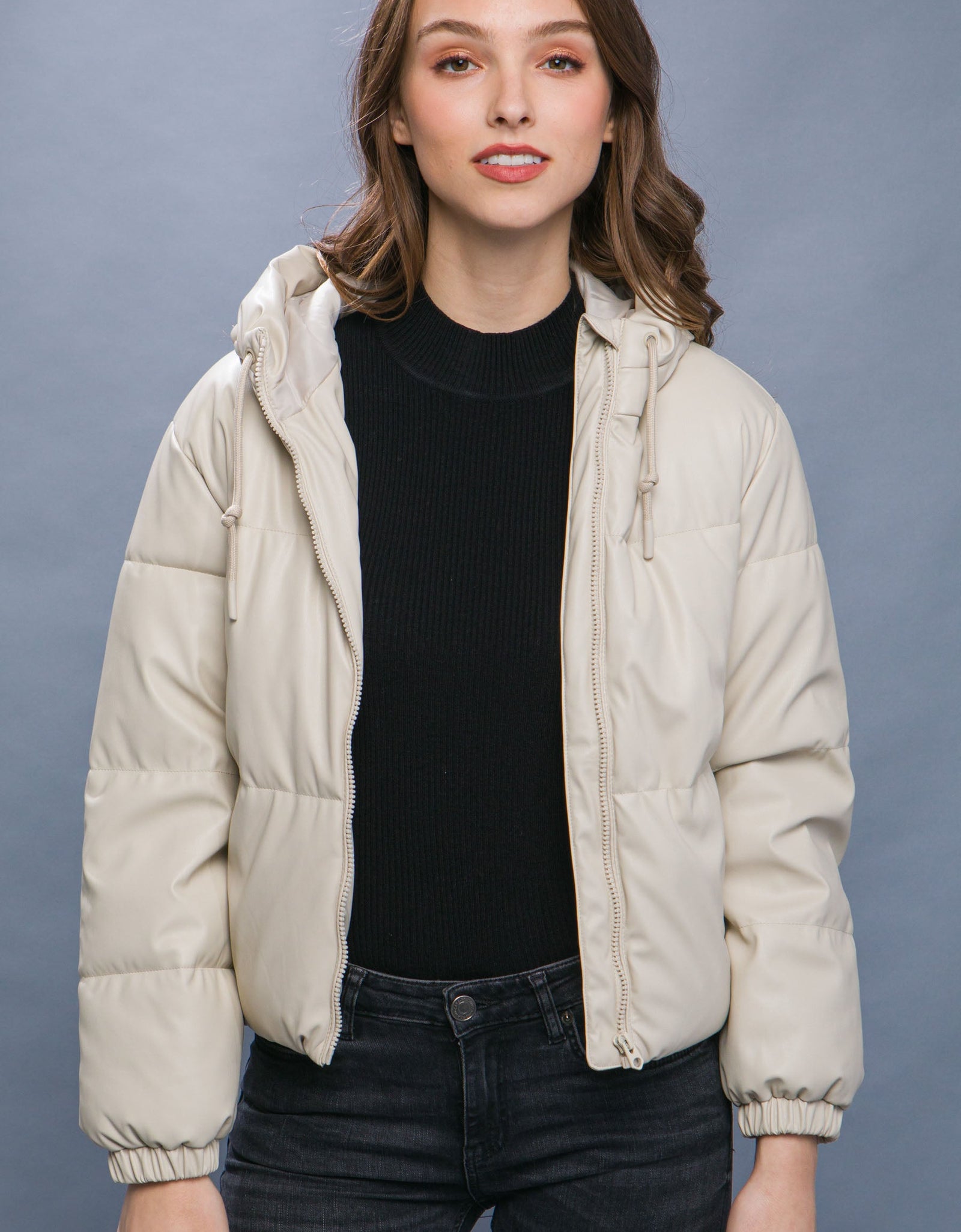 Pu Faux Leather Zipper Hooded Puffer Jacket