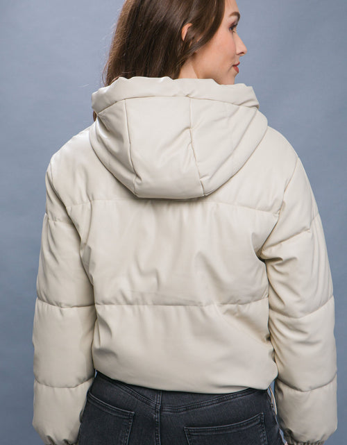 Load image into Gallery viewer, Pu Faux Leather Zipper Hooded Puffer Jacket
