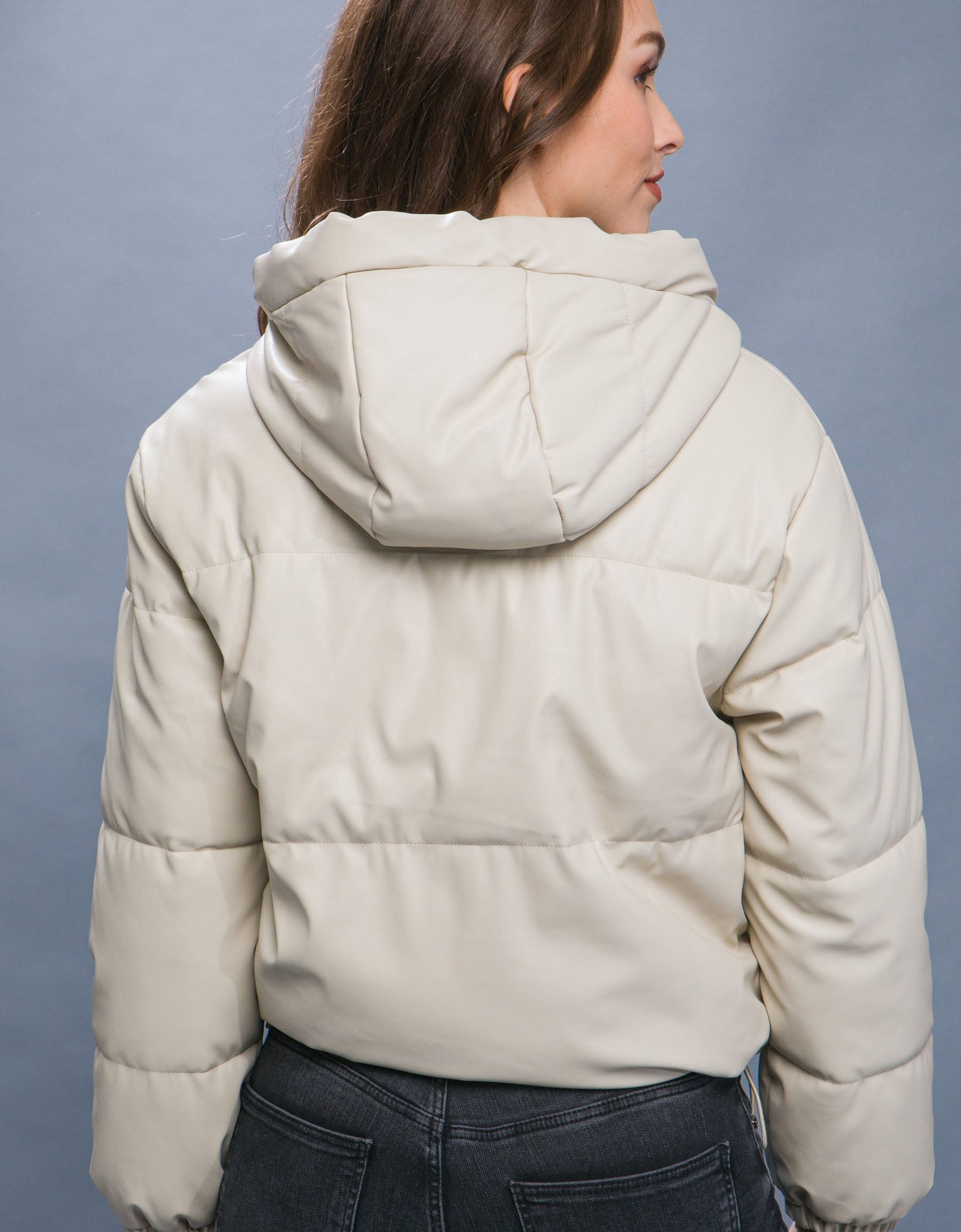 Pu Faux Leather Zipper Hooded Puffer Jacket