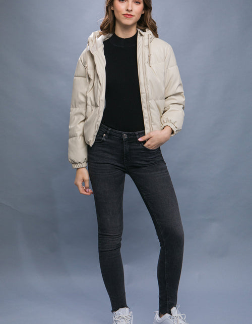 Load image into Gallery viewer, Pu Faux Leather Zipper Hooded Puffer Jacket
