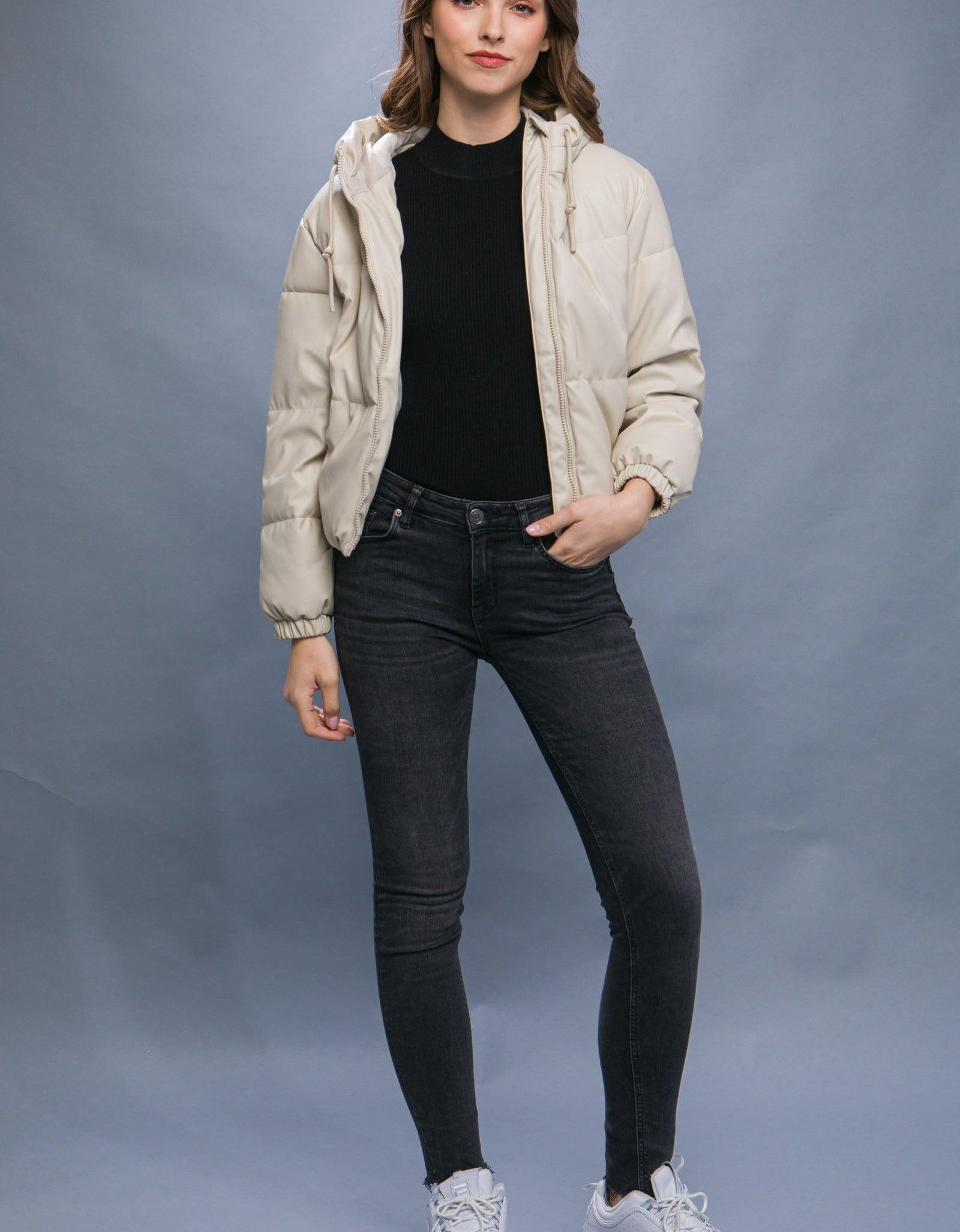 Pu Faux Leather Zipper Hooded Puffer Jacket