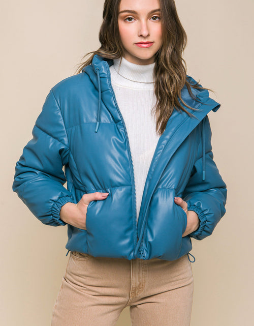 Load image into Gallery viewer, Pu Faux Leather Zipper Hooded Puffer Jacket
