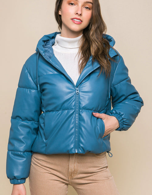 Load image into Gallery viewer, Pu Faux Leather Zipper Hooded Puffer Jacket
