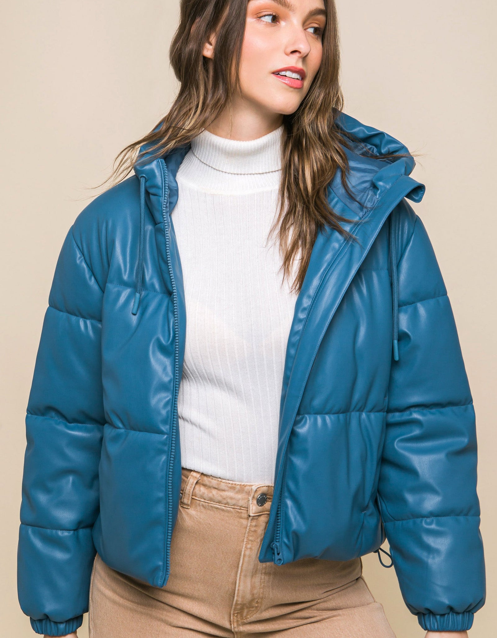 Pu Faux Leather Zipper Hooded Puffer Jacket